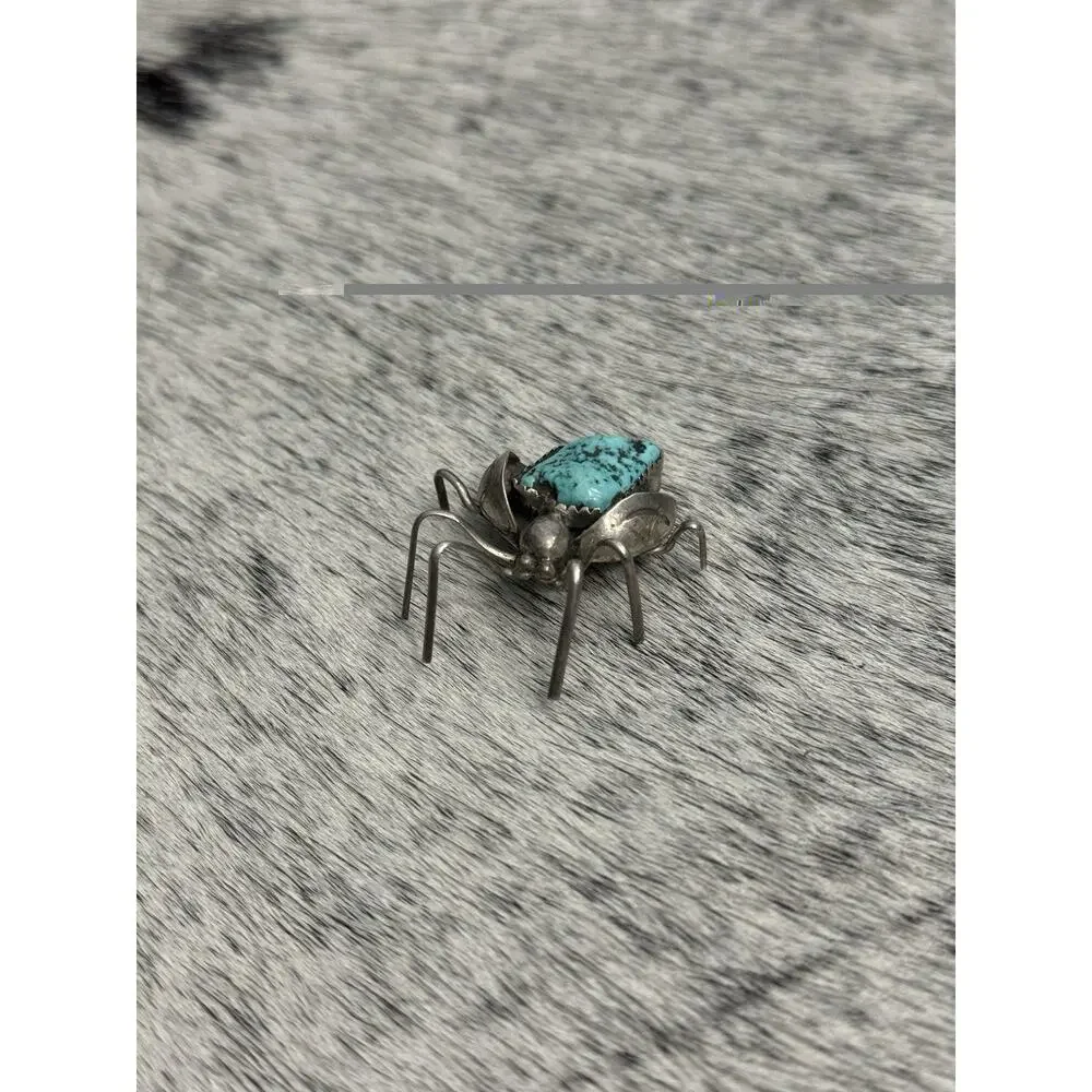 Native American Sterling Silver Turquoise Nugget Beetle Spider Bug Pin Brooch